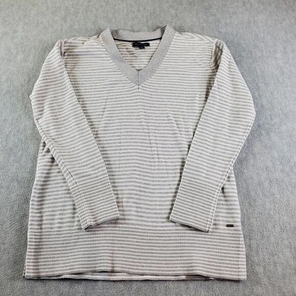 Tommy Hilfiger Sweater Womens Small Petite Gray V-Neck Stripe Pullover - Picture 1 of 8